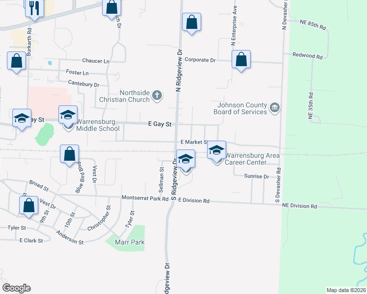map of restaurants, bars, coffee shops, grocery stores, and more near 906 East Market Street in Warrensburg