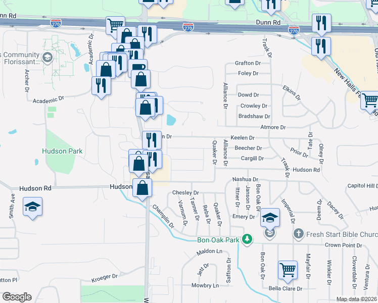 map of restaurants, bars, coffee shops, grocery stores, and more near 1534 Beecher Drive in St. Louis