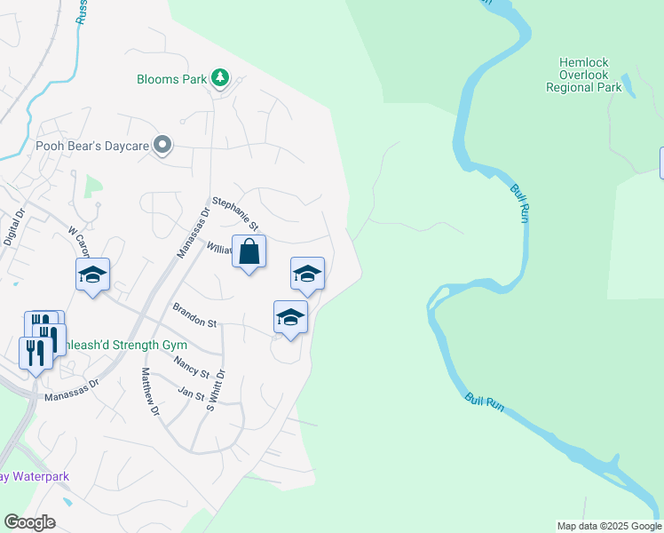 map of restaurants, bars, coffee shops, grocery stores, and more near Cougar Court in Manassas Park