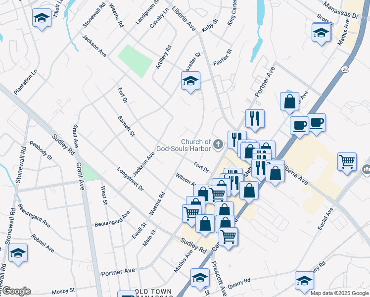 map of restaurants, bars, coffee shops, grocery stores, and more near 8820 Weems Road in Manassas