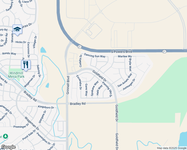 map of restaurants, bars, coffee shops, grocery stores, and more near 6268 Passing Sky Dr in Colorado Springs