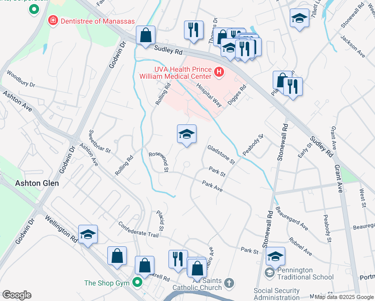 map of restaurants, bars, coffee shops, grocery stores, and more near 9075 Park Avenue in Manassas
