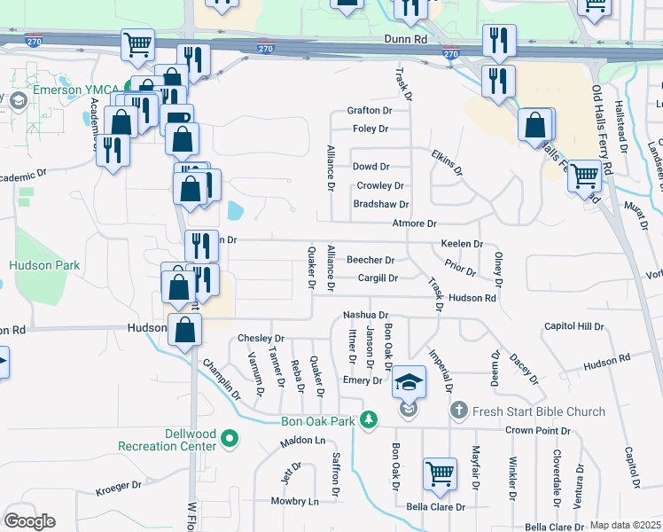 map of restaurants, bars, coffee shops, grocery stores, and more near 10508 Alliance Drive in St. Louis