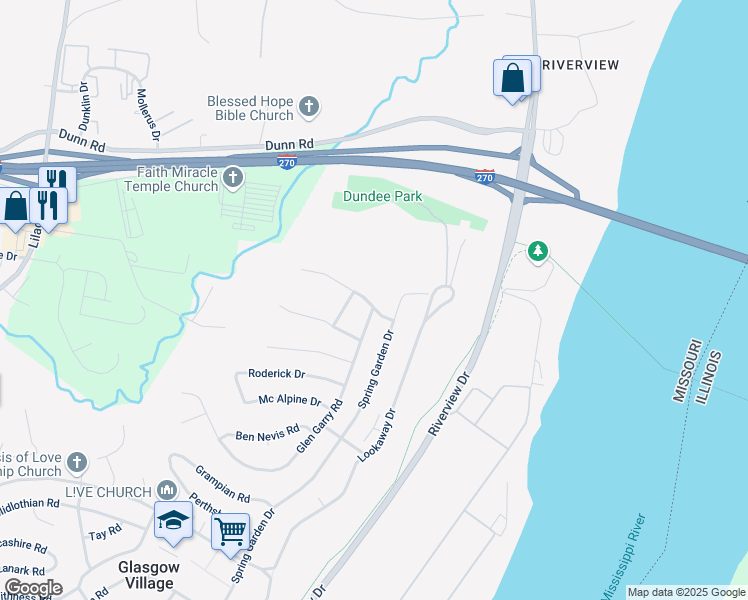 map of restaurants, bars, coffee shops, grocery stores, and more near 123 Dundee Circle in St. Louis