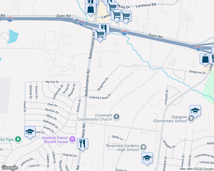 map of restaurants, bars, coffee shops, grocery stores, and more near 1444 Belgrove Drive in St. Louis