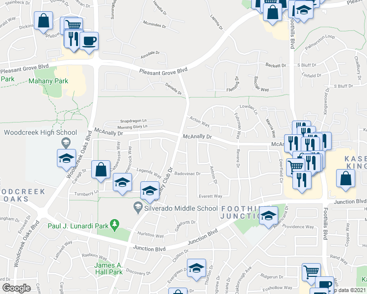 map of restaurants, bars, coffee shops, grocery stores, and more near 1451 Lorimer Way in Roseville