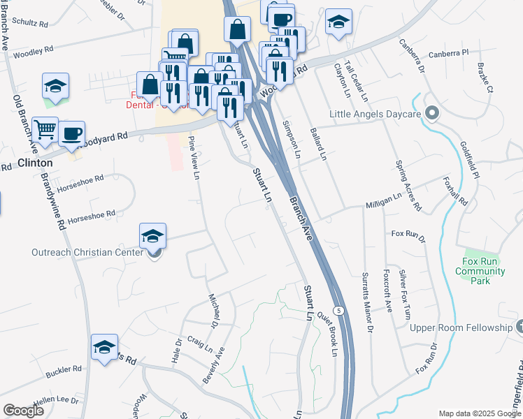map of restaurants, bars, coffee shops, grocery stores, and more near 9211 Stuart Lane in Clinton