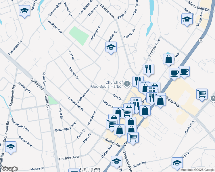 map of restaurants, bars, coffee shops, grocery stores, and more near 8820 Weems Road in Manassas