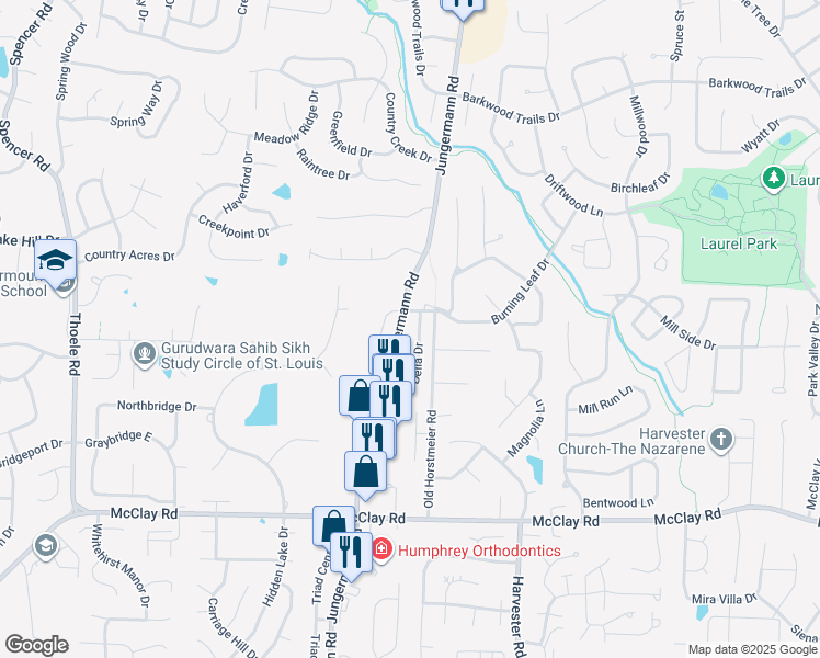 map of restaurants, bars, coffee shops, grocery stores, and more near 309 Della Drive in Saint Peters