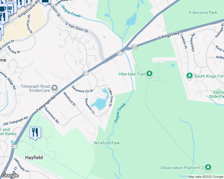 map of restaurants, bars, coffee shops, grocery stores, and more near 7129 Lake Cove Drive in Alexandria