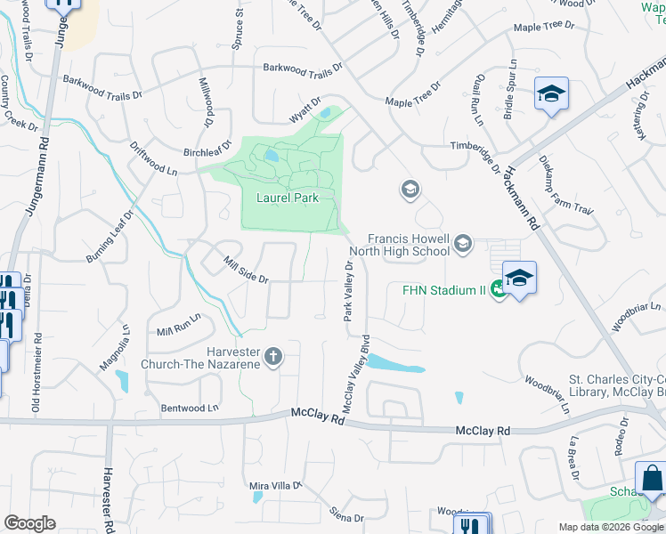 map of restaurants, bars, coffee shops, grocery stores, and more near 30 Stone Mill Lane in St. Peters