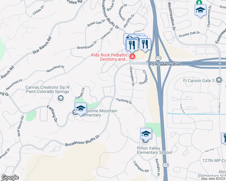 map of restaurants, bars, coffee shops, grocery stores, and more near 4847 Sanctuary Grove in Colorado Springs