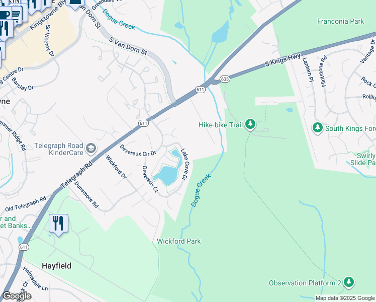 map of restaurants, bars, coffee shops, grocery stores, and more near 7129 Lake Cove Drive in Alexandria