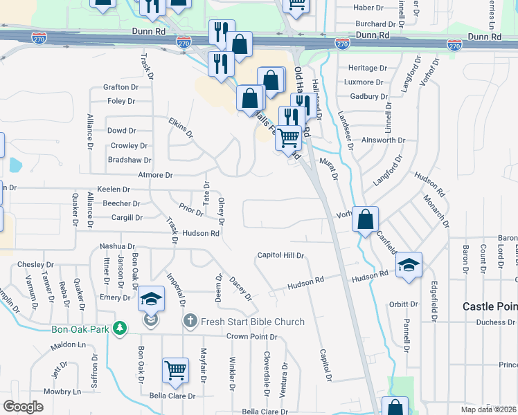 map of restaurants, bars, coffee shops, grocery stores, and more near 2112 Old Manor Road in Saint Louis