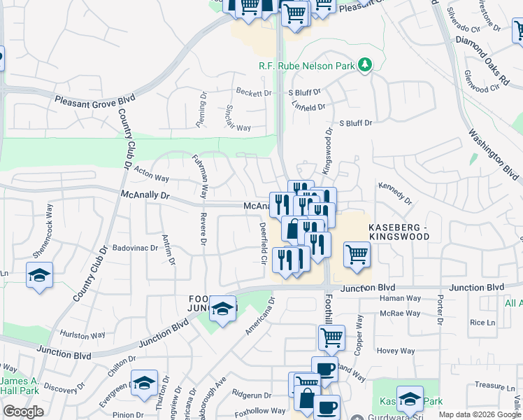 map of restaurants, bars, coffee shops, grocery stores, and more near 1454 Deerfield Circle in Roseville
