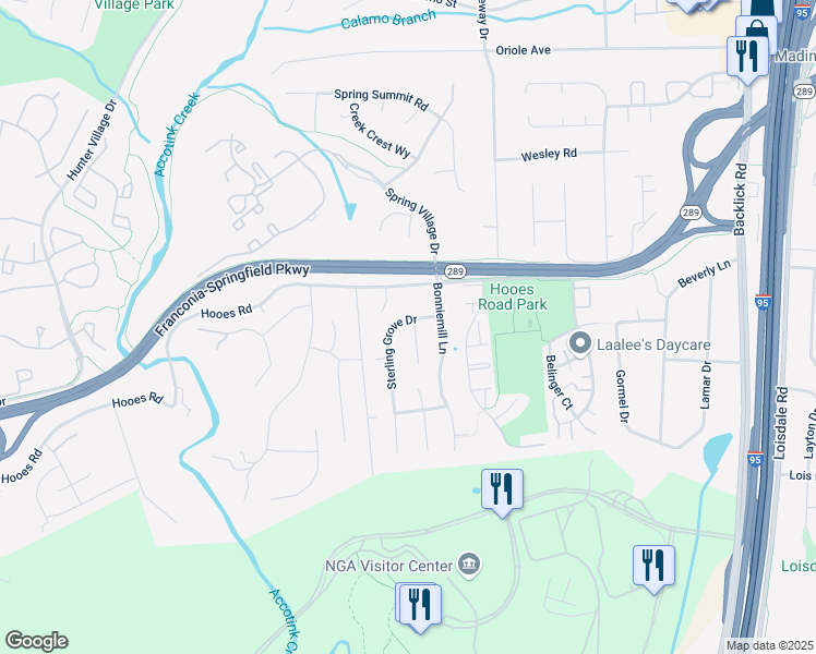 map of restaurants, bars, coffee shops, grocery stores, and more near 7111 Sterling Grove Drive in Springfield