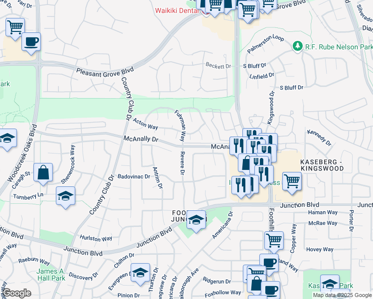 map of restaurants, bars, coffee shops, grocery stores, and more near 1648 Revere Drive in Roseville