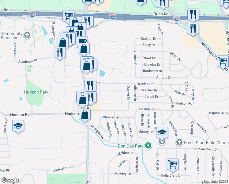 map of restaurants, bars, coffee shops, grocery stores, and more near 1534 Beecher Drive in St. Louis