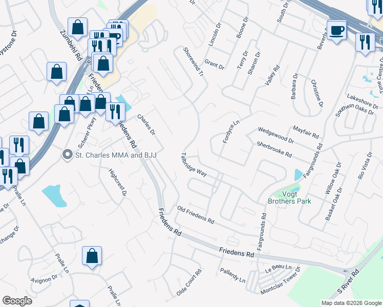 map of restaurants, bars, coffee shops, grocery stores, and more near 1900 Baybridge Road in Saint Charles