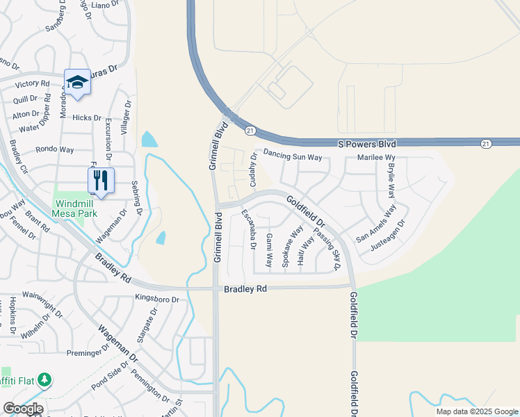map of restaurants, bars, coffee shops, grocery stores, and more near 6724 Passing Sky Drive in Colorado Springs
