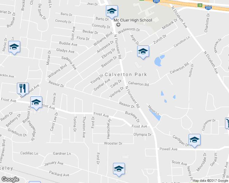 map of restaurants, bars, coffee shops, grocery stores, and more near 35 Vierling Drive in St. Louis