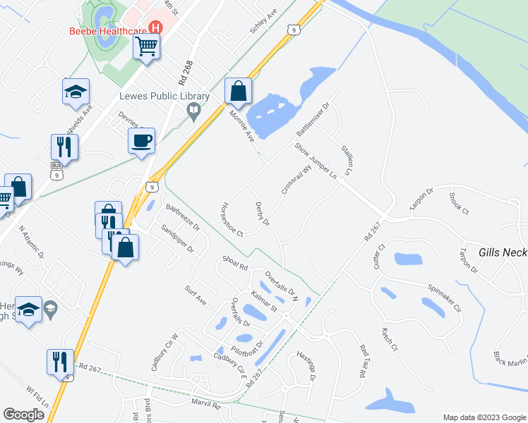 map of restaurants, bars, coffee shops, grocery stores, and more near 16057 Derby Drive in Lewes