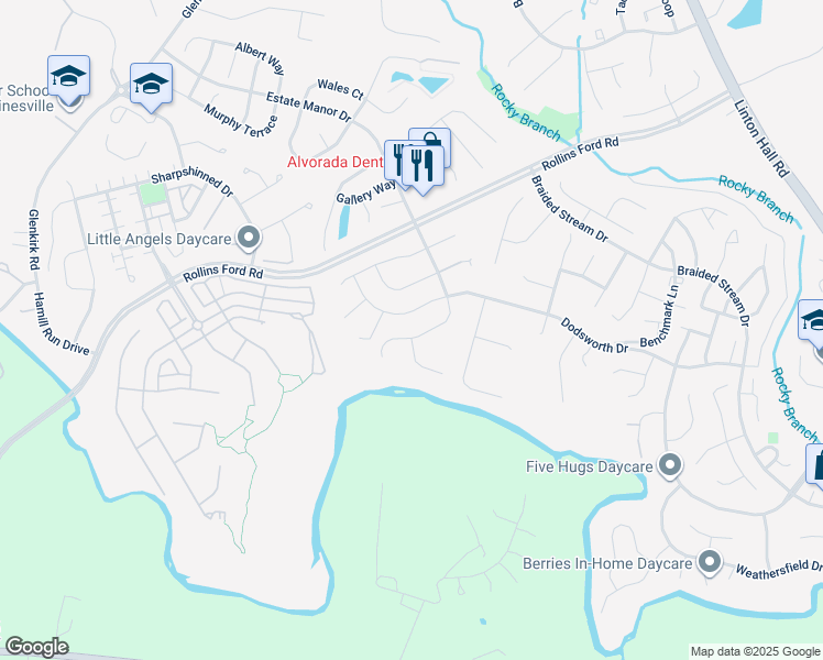 map of restaurants, bars, coffee shops, grocery stores, and more near 13801 Estate Manor Drive in Gainesville