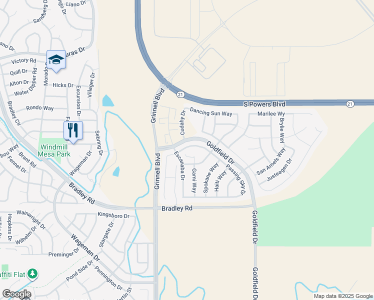 map of restaurants, bars, coffee shops, grocery stores, and more near 6724 Passing Sky Drive in Colorado Springs