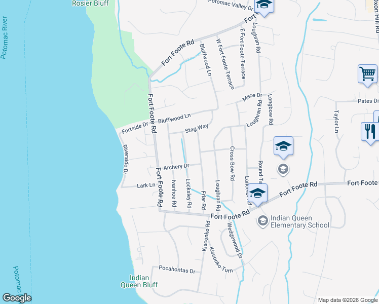 map of restaurants, bars, coffee shops, grocery stores, and more near 9110 Locksley Road in Fort Washington