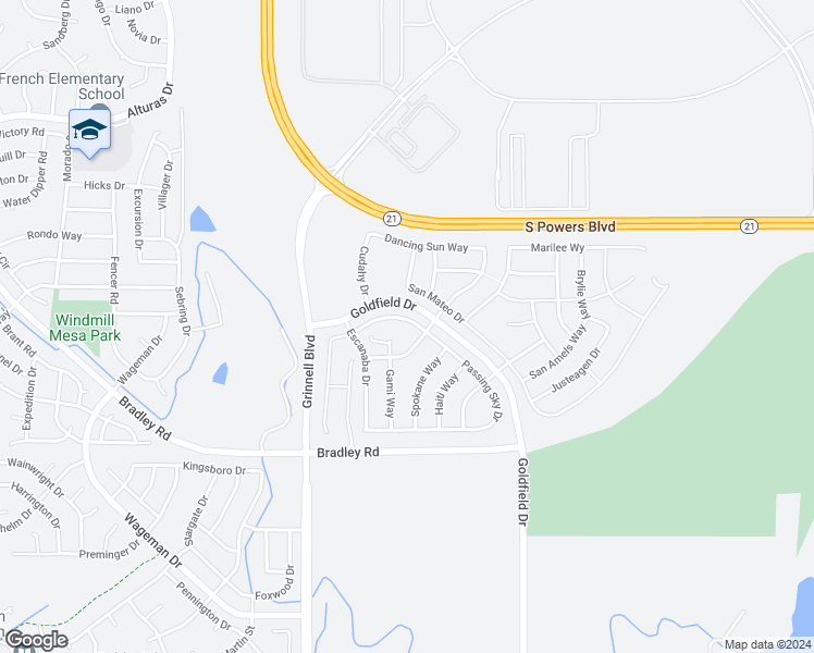 map of restaurants, bars, coffee shops, grocery stores, and more near 6628 Passing Sky Drive in Colorado Springs