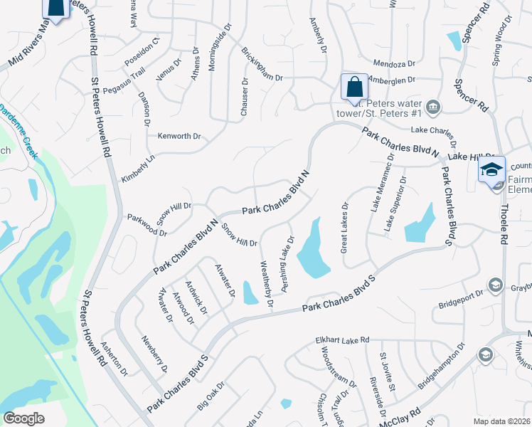 map of restaurants, bars, coffee shops, grocery stores, and more near 116 Park Charles Boulevard North in St. Peters