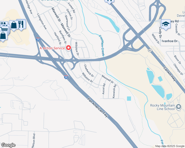 map of restaurants, bars, coffee shops, grocery stores, and more near 1547 Chadwick Drive in Colorado Springs