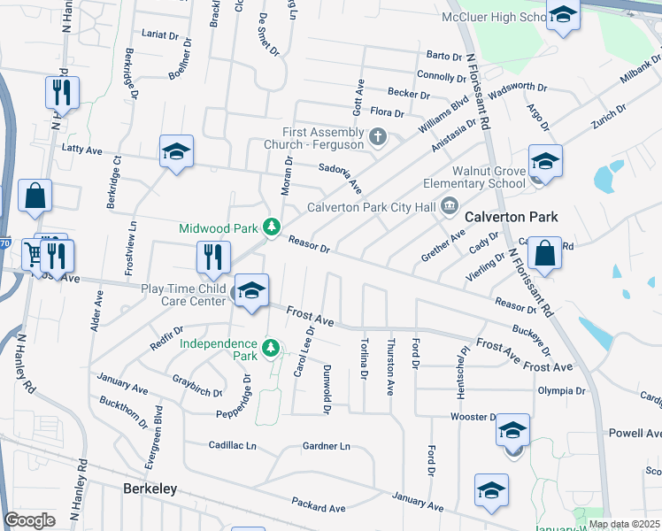 map of restaurants, bars, coffee shops, grocery stores, and more near 6852 Knoll Avenue in St. Louis