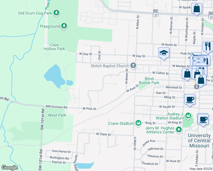 map of restaurants, bars, coffee shops, grocery stores, and more near 516 Wildwood Court in Warrensburg