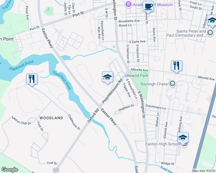 map of restaurants, bars, coffee shops, grocery stores, and more near 201 Peachblossom Road in Easton