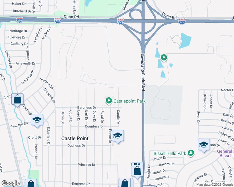 map of restaurants, bars, coffee shops, grocery stores, and more near 10545 Castle Drive in St. Louis