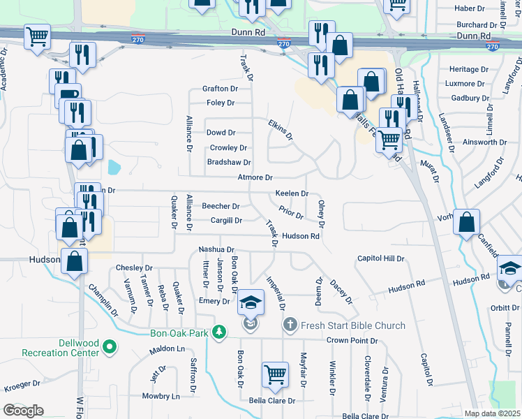 map of restaurants, bars, coffee shops, grocery stores, and more near 10504 Trask Drive in St. Louis