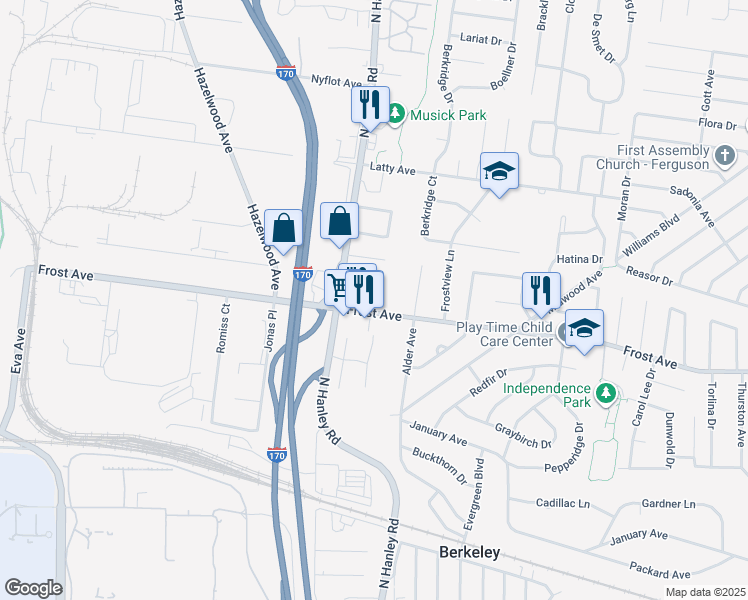 map of restaurants, bars, coffee shops, grocery stores, and more near 6809 Larry Lane in Berkeley