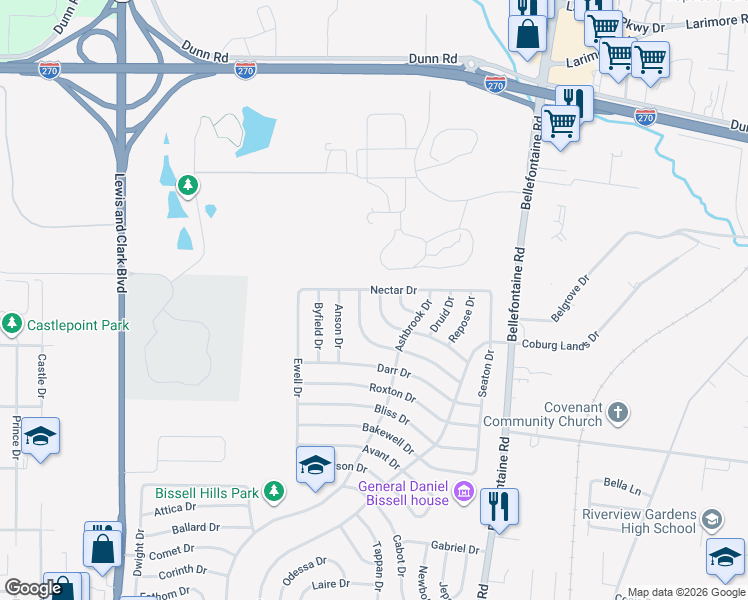 map of restaurants, bars, coffee shops, grocery stores, and more near 1236 Esquire Drive in St. Louis