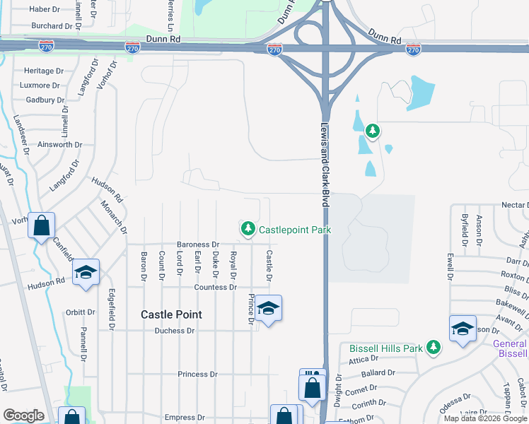 map of restaurants, bars, coffee shops, grocery stores, and more near 10545 Castle Drive in St. Louis