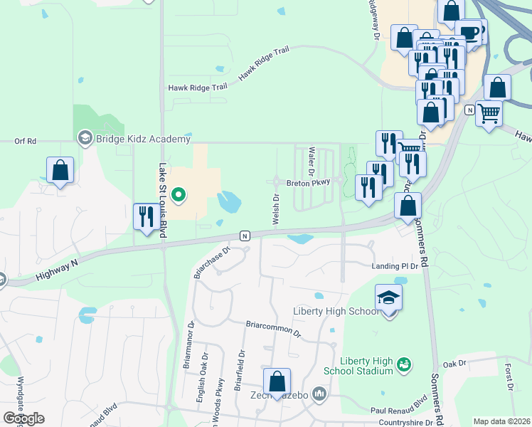 map of restaurants, bars, coffee shops, grocery stores, and more near 1134 Welsh Drive in Lake Saint Louis