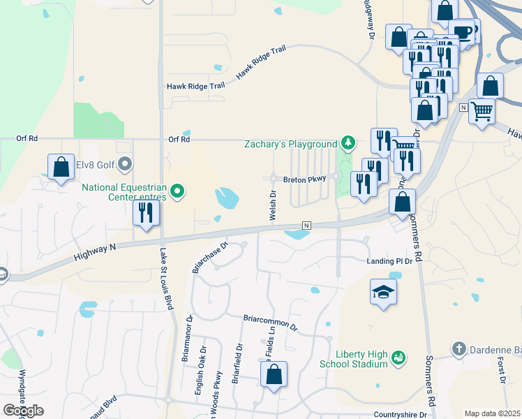 map of restaurants, bars, coffee shops, grocery stores, and more near 1133 Welsh Drive in Lake Saint Louis
