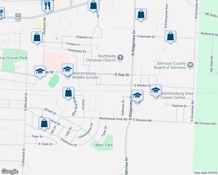 map of restaurants, bars, coffee shops, grocery stores, and more near 806 East Market Street in Warrensburg