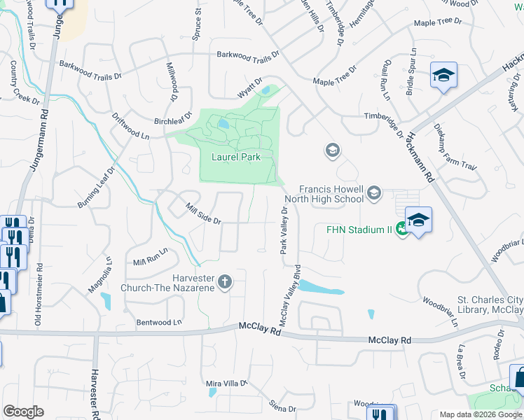 map of restaurants, bars, coffee shops, grocery stores, and more near 30 Stone Mill Lane in Saint Peters