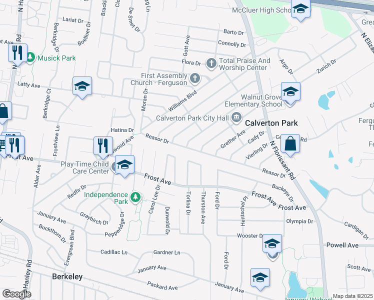 map of restaurants, bars, coffee shops, grocery stores, and more near 254 Reasor Drive in St. Louis