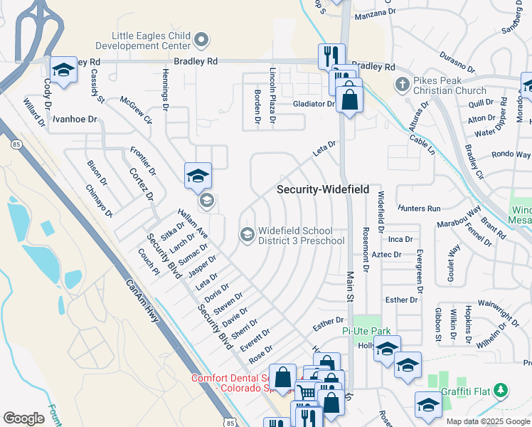 map of restaurants, bars, coffee shops, grocery stores, and more near 312 Steven Drive in Colorado Springs