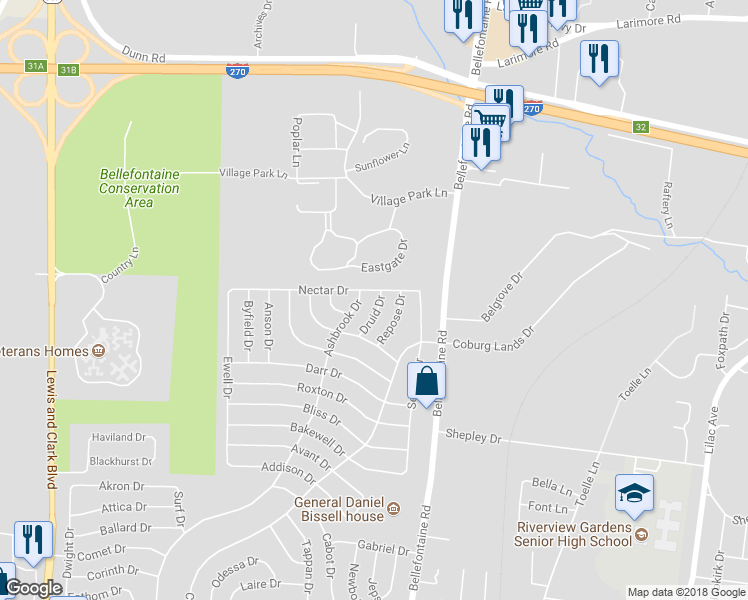 map of restaurants, bars, coffee shops, grocery stores, and more near 10529 Druid Drive in St. Louis