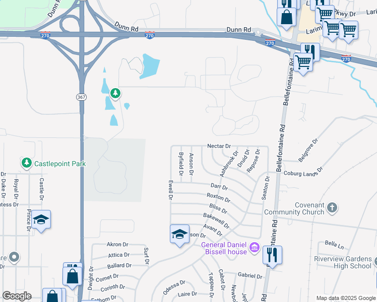 map of restaurants, bars, coffee shops, grocery stores, and more near 10547 Anson Drive in St. Louis