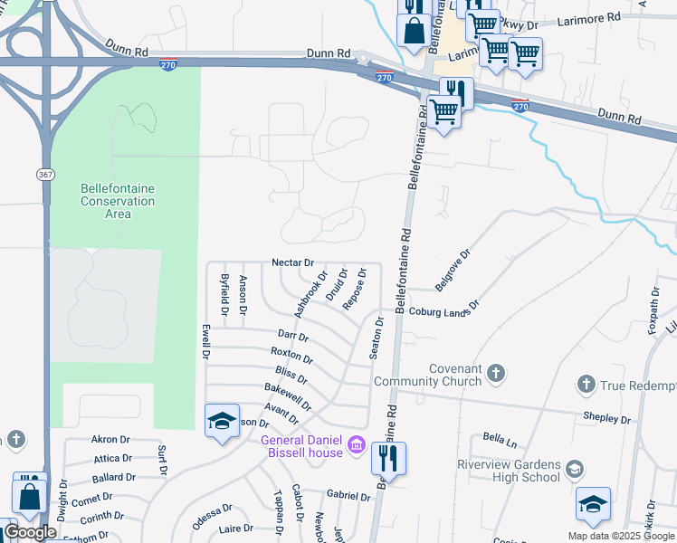 map of restaurants, bars, coffee shops, grocery stores, and more near 10529 Druid Drive in St. Louis