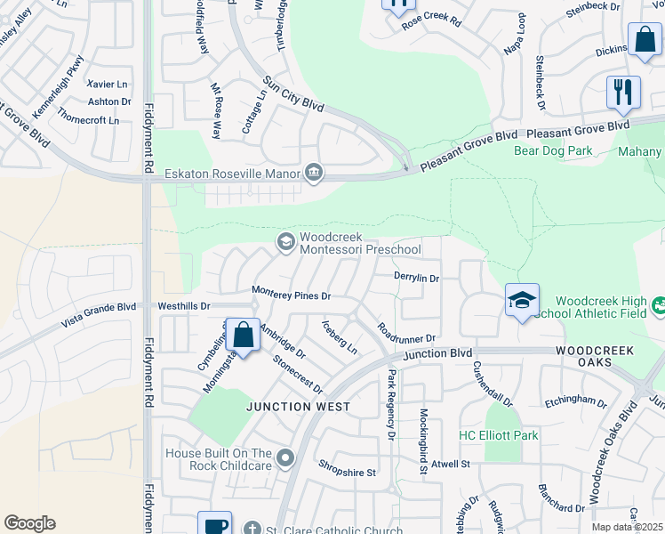 map of restaurants, bars, coffee shops, grocery stores, and more near 1741 Bamboo Street in Roseville